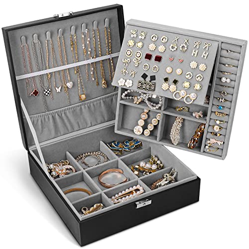 Schmuckschatulle, Schmuckkästchen für Damen und Herren mit PU-Leder, 2-lagig, groß, mit Schloss, für Halsketten, Armbänder, Ohrringe, Ringe, Schmuck-Organizer, ideales Geschenk, Schwarz von RMTEB
