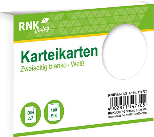 RNKVERLAG 114770 - Karteikarten blanko weiß, DIN A7, 1 Packung à 100 Karten von RNKVERLAG