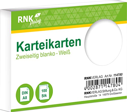 RNKVERLAG 114780 - Karteikarten blanko weiß, DIN A8, 1 Packung à 100 Karten von RNKVERLAG