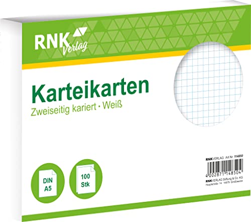 RNKVERLAG 114850 - Karteikarten kariert 5 mm, weiß, DIN A5 1 Packung à 100 Karten von RNKVERLAG