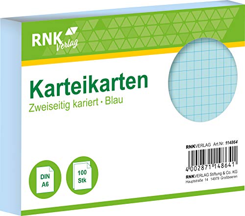 RNKVERLAG 114864 - Karteikarten kariert 5 mm, blau, DIN A6, 1 Packung à 100 Karten von RNKVERLAG