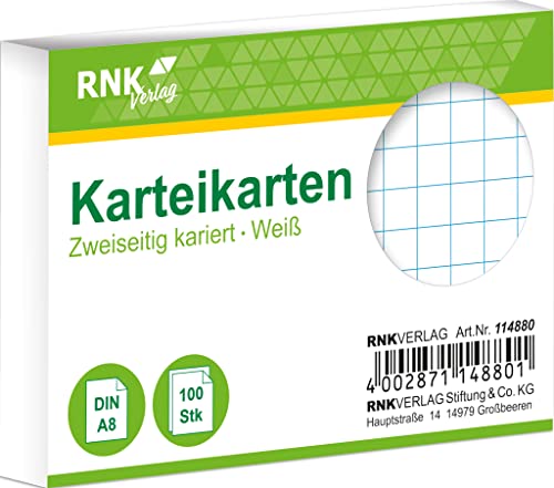 RNKVERLAG 114880 - Karteikarten kariert, weiß, DIN A8, 1 Packung à 100 Karten von RNKVERLAG