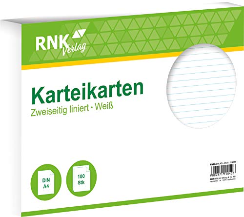 RNKVERLAG 115040 - Karteikarten liniert 7 mm, weiß, DIN A4, 1 Packung à 100 Karten von RNKVERLAG