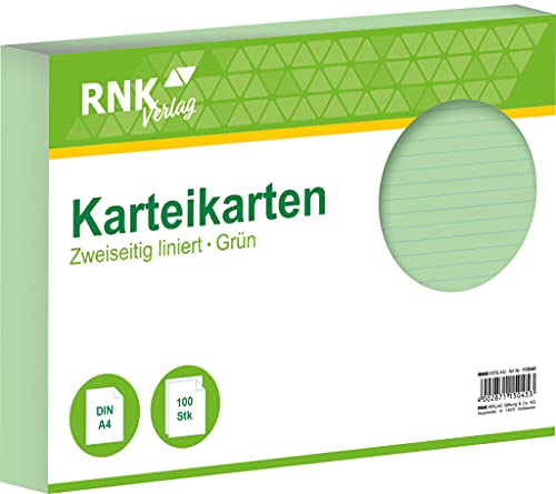 RNK Verlag 115045 - Karteikarten liniert, 7 mm grün, 7 mm, DIN A4, 1 Packung à 100 Karten von RNK Verlag