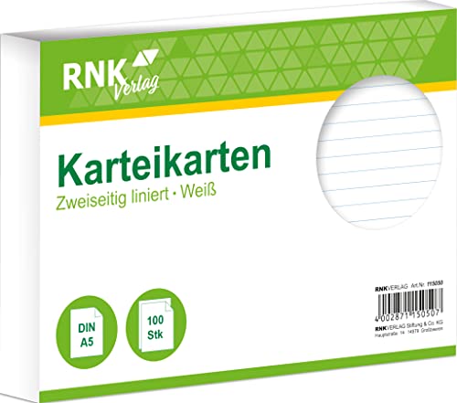 RNKVERLAG 115050 - Karteikarten liniert 7 mm, weiß, DIN A5, 1 Packung à 100 Karten von RNKVERLAG