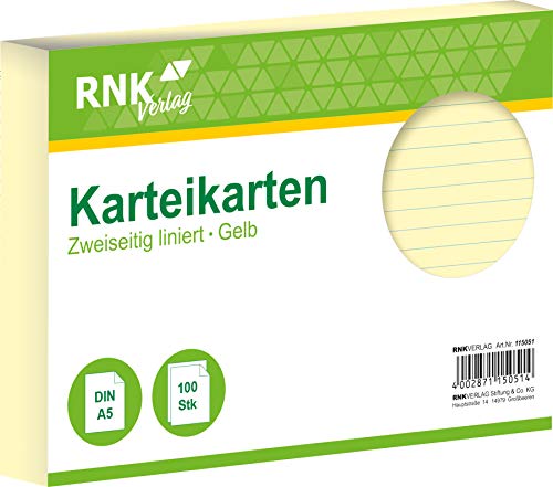 RNKVERLAG 115051 - Karteikarten liniert 7 mm, gelb, DIN A5, 1 Packung à 100 Karten RNKVERLAG 115051 - Karteikarten liniert 7 mm, gelb, DIN A5, 1 Packung à 100 Karten von RNKVERLAG