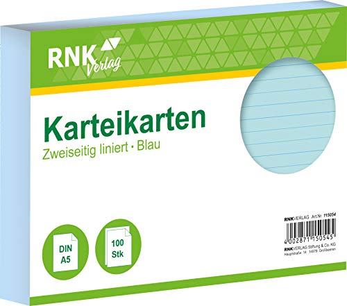 RNKVERLAG 115054 - Karteikarten liniert 7 mm, blau, DIN A5, 1 Packung à 100 Karten RNKVERLAG 115054 - Karteikarten liniert 7 mm, blau, DIN A5, 1 Packung à 100 Karten von RNKVERLAG