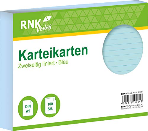 RNKVERLAG 115054 - Karteikarten liniert 7 mm, blau, DIN A5, 1 Packung à 100 Karten von RNKVERLAG