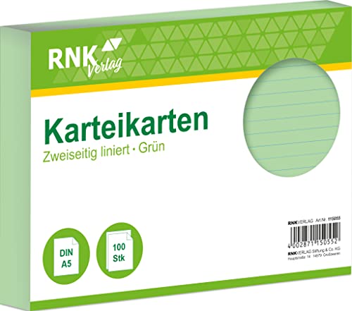 RNKVERLAG 115055 - Karteikarten liniert 7 mm, grün, DIN A5, 1 Packung à 100 Karten RNKVERLAG 115055 - Karteikarten liniert 7 mm, grün, DIN A5, 1 Packung à 100 Karten von RNKVERLAG