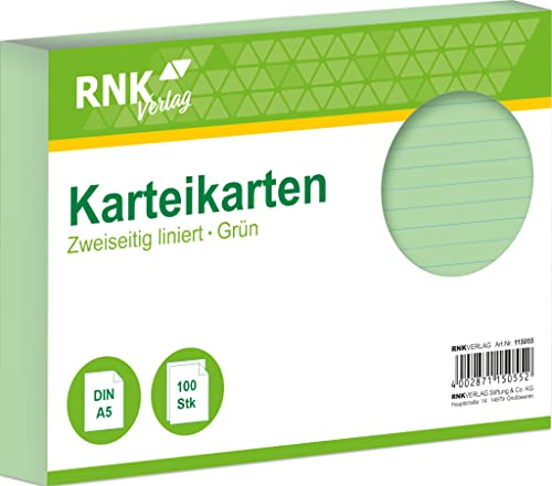 RNKVERLAG 115055 - Karteikarten liniert 7 mm, grün, DIN A5, 1 Packung à 100 Karten von RNKVERLAG