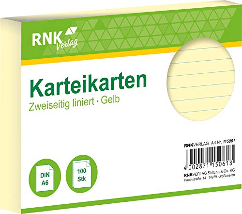RNKVERLAG 115061 - Karteikarten liniert 7 mm, gelb, DIN A6, 1 Packung à 100 Karten, von RNKVERLAG