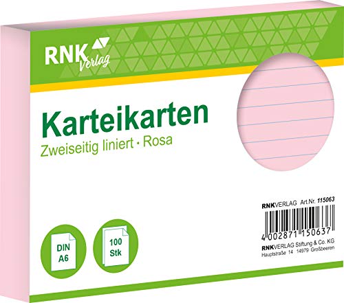 RNKVERLAG 115063 - Karteikarten liniert 7 mm, rosa, DIN A6, 1 Packung à 100 Karten von RNKVERLAG