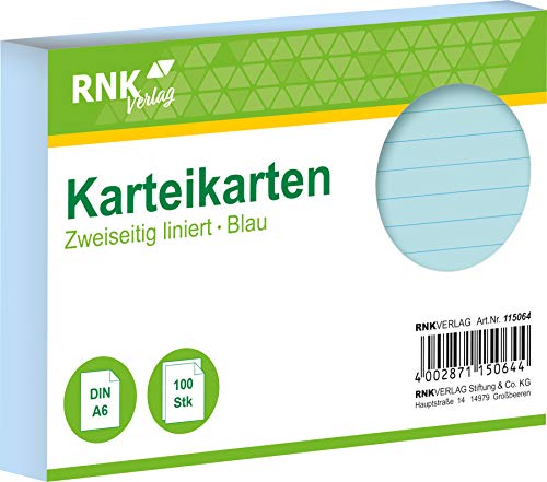 RNKVERLAG 115064 - Karteikarten liniert 7 mm, blau, DIN A6, 1 Packung à 100 Karten von RNKVERLAG