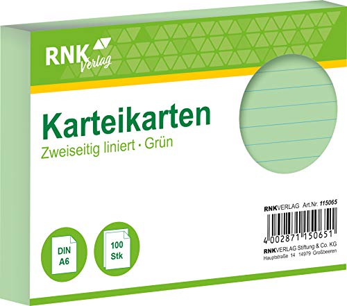 RNKVERLAG 115065 - Karteikarten liniert 7 mm, grün, DIN A6, 1 Packung à 100 Karten von RNKVERLAG