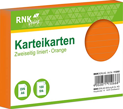 RNK 115066 - Karteikarten liniert 7 mm, orange, DIN A6, 1 Packung à 100 Karten von RNK - Verlag