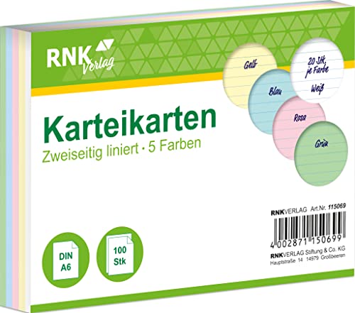 RNKVERLAG 115069 - Karteikarten liniert, 7 mm farbig sortiert, DIN A6, 1 Packung à 100 Karten von RNKVERLAG