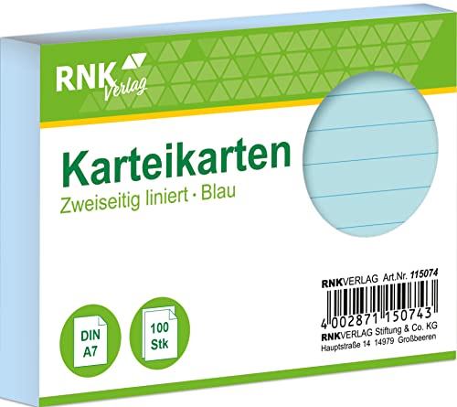 RNKVERLAG 115074 – Karteikarten liniert 7 mm, blau, DIN A7, 1 Packung à 100 Karten von RNKVERLAG