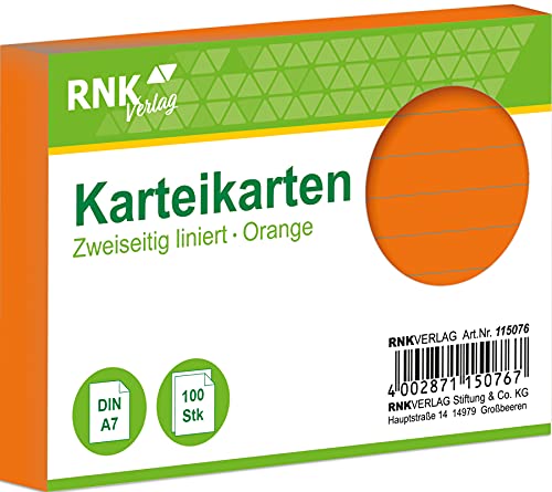 RNKVERLAG 115076 - Karteikarten liniert 7 mm, orange, DIN A7, 1 Packung à 100 Karten von RNKVERLAG