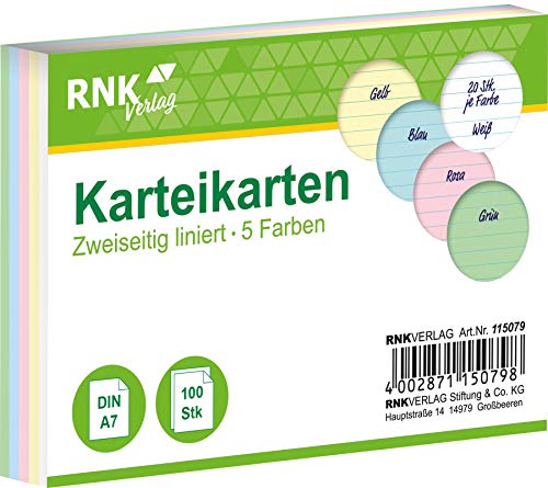 RNKVERLAG 115079 - Karteikarten liniert 7 mm, mehrere Farben, DIN A7, 1 Packung à 100 Karten von RNKVERLAG