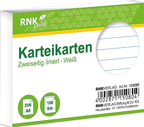 RNKVERLAG 115080 - Karteikarten liniert, 5 mm weiß, DIN A8, 1 Packung à 100 Karten RNKVERLAG 115080 - Karteikarten liniert, 5 mm weiß, DIN A8, 1 Packung à 100 Karten von RNKVERLAG