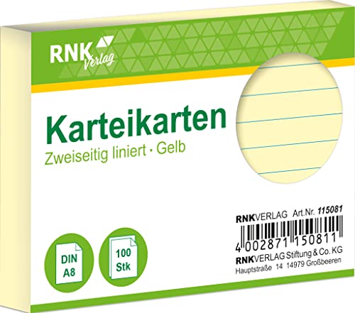 RNKVERLAG 115081 - Karteikarten liniert 5 mm, gelb, DIN A8, 1 Packung à 100 Karten von RNKVERLAG