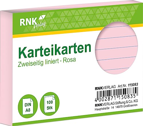 RNKVERLAG 115083 - Karteikarten liniert 5 mm, rosa, DIN A8, 1 Packung à 100 Karten von RNKVERLAG