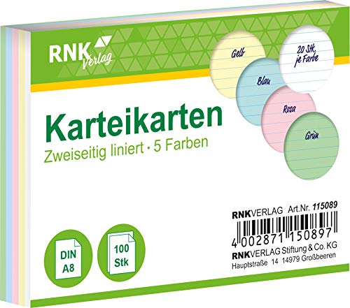 RNKVERLAG 115089 - Karteikarten liniert 5mm, mehrere Farben, DIN A8, 1 Packung à 100 Karten RNKVERLAG 115089 - Karteikarten liniert 5mm, mehrere Farben, DIN A8, 1 Packung à 100 Karten von RNKVERLAG