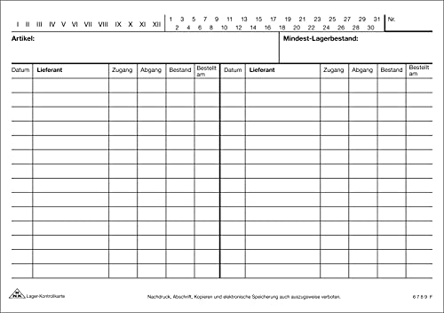 RNKVERLAG 117050 - Lager-Kontrollkarte, mit Lieferantenspalte, DIN A5 quer, weiß, 100 Stück von RNKVERLAG