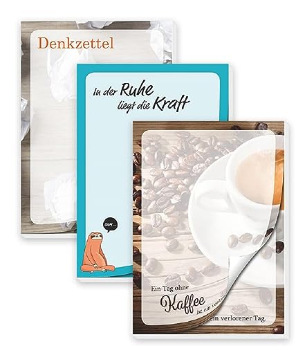 RNKVERLAG - Notizblock DIN A6, 3 Stück, Denkzettel, Ein Tag ohne Kaffee, In der Ruhe, mit Magnet, Notizbücher Set von RNKVERLAG