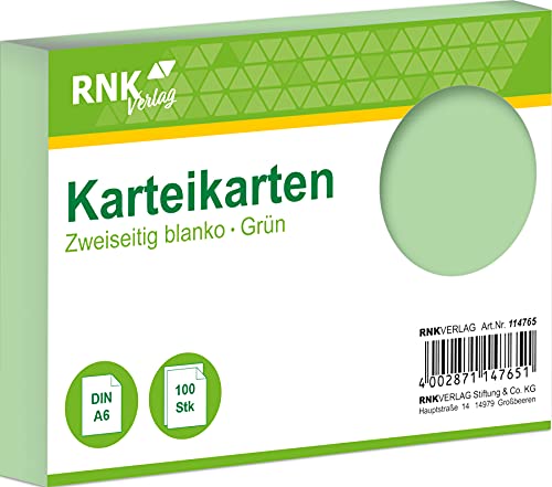 RNK 114765 - Karteikarten blanko grün, DIN A6, 1 Packung à 100 Karten RNK 114765 - Karteikarten blanko grün, DIN A6, 1 Packung à 100 Karten von RNKVERLAG