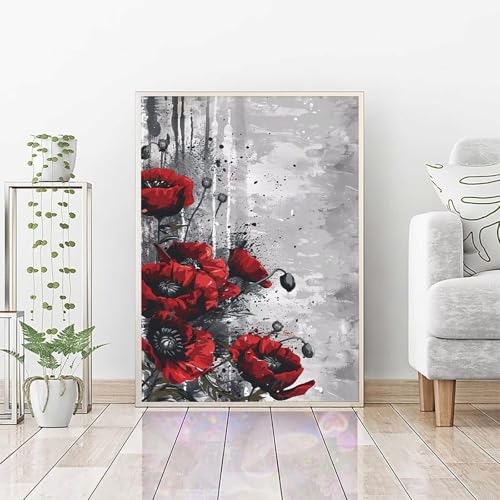 Diamond Painting Erwachsene Blume, DIY Diamond Painting Mohn Bastelset, Vollbohrer Diamant Malerei Set, Diamant Kunst Malerei Stickerei Set, Wanddeko und Zimmer Deko, Geschenke (50x70cm) PJY4 9-2 von RNXAOPEN