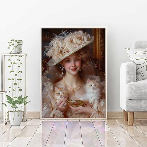 Diamond Painting Erwachsene Katze, DIY Diamond Painting Frau Bastelset, Vollbohrer Diamant Malerei Set, Diamant Kunst Malerei Stickerei Set, Wanddeko und Zimmer Deko, Geschenke (30x40cm) PJY2 5-A von RNXAOPEN