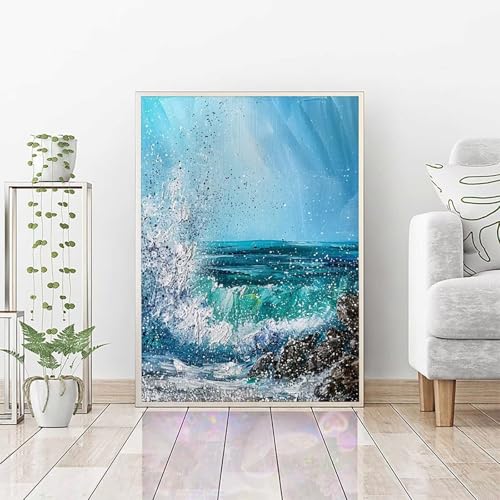 Diamond Painting Ozean, Daiments Painting Erwachsene Welle Bastelset, Diamond Art Runder Vollbohrer Diamanten Kinder Malerei Stickerei Kreuzstich, Wohnzimmer Dekoration, Geschenk (40x50cm) PJY3 Y-W von RNXAOPEN