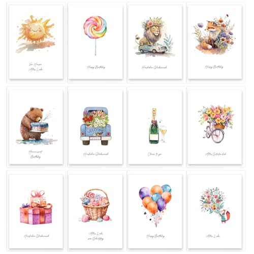 12x Geburtstagskarten Set Mit Umschlägen & Stickern | Glückwunschkarten Zum Geburtstag | Birthday Card | Grußkarten Für Frau & Mann | Klappkarten Für Jeden Anlass von RNXSIB