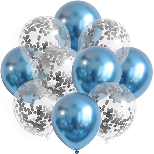 ROB'S BALLOONS 10x Luftballons Set Konfetti Blau Silber Metallic Ballons Geburtstag Deko Party von ROB'S BALLOONS