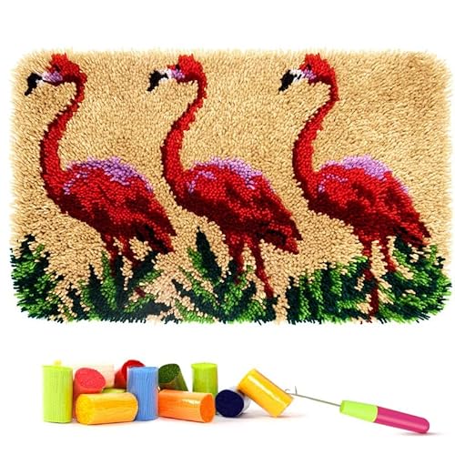 ROCKY&CHAO Knüpfteppich Zum Selber knüpfen, Knüpfsets Latch Hook Kit Selbst Knüpfen Set für Kinder und Erwachsene (Flamingo) von ROCKY&CHAO