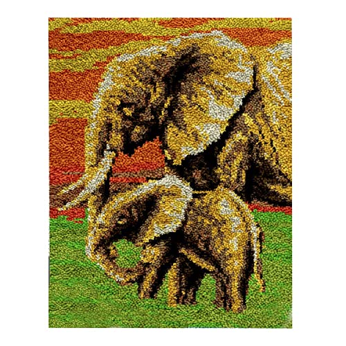 ROCKY&CHAO Knüpfhaken-Teppich-Set DIY-Knüpfhaken Teppichherstellungs-Set für Erwachsene Kinder Kreuzstich-Set Teppichherstellung Heimdekoration 50 x 38 cm（Elefantenmutter und Kind） von ROCKY&CHAO