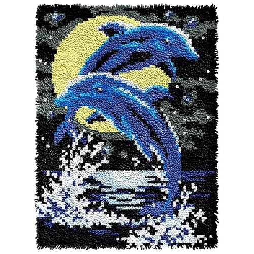 ROCKY&CHAO Knüpfhaken-Teppich-Set DIY-Knüpfhaken Teppichherstellungs für Erwachsene Kinder Kreuzstich Teppichherstellung Heimdekoration 60 * 40 cm （Paar Delfine） von ROCKY&CHAO