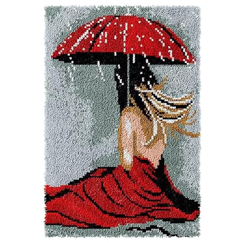 ROCKY&CHAO Knüpfhaken-Teppich-Set DIY-Knüpfhaken Teppichherstellungs-Set für Erwachsene Kinder Kreuzstich-Set Teppichherstellung Heimdekoration 60 x 40 cm （Schönheit des Roten Regenschirms） von ROCKY&CHAO