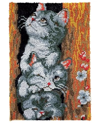 ROCKY&CHAO Knüpfhaken-Teppich-Set DIY-Knüpfhaken Teppichherstellungs-Set für Erwachsene Kinder Kreuzstich-Set Teppichherstellung Heimdekoration 60 x 42 cm (Zwei Kätzchen Spielen) von ROCKY&CHAO
