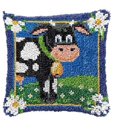 ROCKY&CHAO Knüpfteppich Zum Selber Knüpf-Sets mit Kissen knüpfen-Set 43x43cm Kissenbezug-Set für Erwachsene und Kinder Latch Hook Kit Heimaccessoire（Die Kuh） von ROCKY&CHAO