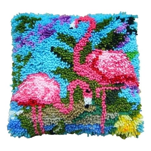 ROCKY&CHAO Knüpfteppich Zum Selber Knüpf-Sets mit Kissen knüpfen-Set 43x43cm Kissenbezug-Set für Erwachsene und Kinder Latch Hook Kit Heimaccessoire（Flamingo） von ROCKY&CHAO