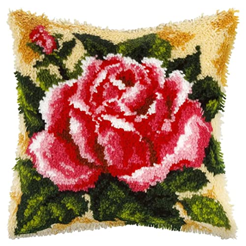 ROCKY&CHAO Knüpfteppich Zum Selber Knüpf-Sets mit Kissen knüpfen-Set 43x43cm Kissenbezug-Set für Erwachsene und Kinder Latch Hook Kit Heimaccessoire（Rote Rose von ROCKY&CHAO