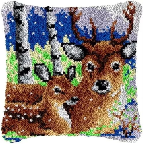 ROCKY&CHAO Knüpfteppich Zum Selber Knüpf-Sets mit Kissen knüpfen-Set 43x43cm Kissenbezug-Set für Erwachsene und Kinder Latch Hook Kit Heimaccessoire（Sikahirsch-Mutter und Kind） von ROCKY&CHAO
