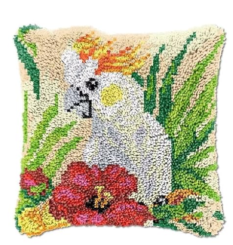 ROCKY&CHAO Knüpfteppich Zum Selber Knüpf-Sets mit Kissen knüpfen-Set 43x43cm Kissenbezug-Set für Erwachsene und Kinder Latch Hook Kit Heimaccessoire（Weißer Papagei） von ROCKY&CHAO