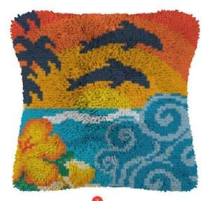 ROCKY&CHAO Knüpfteppich Zum Selber Knüpf-Sets mit Kissen knüpfen-Set 43x43cm Kissenbezug-Set für Erwachsene und Kinder Latch Hook Kit Heimaccessoire（Wellen und Delfine） von ROCKY&CHAO