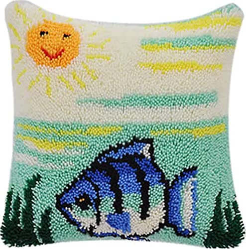 ROCKY&CHAO Knüpfteppich Zum Selber Knüpf-Sets mit Kissen knüpfen-Set 43x43cm Kissenbezug-Set für Erwachsene und Kinder Latch Hook Kit Heimaccessoire (Fische Schwimmen im Wasser) von ROCKY&CHAO
