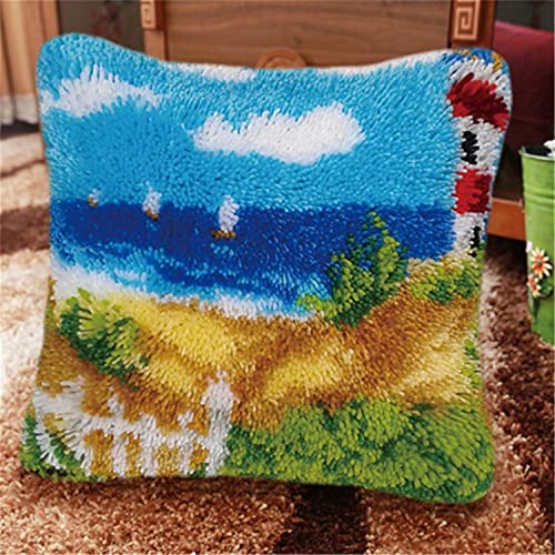 ROCKY&CHAO Knüpfteppich Zum Selber Knüpf-Sets mit Kissen knüpfen-Set 43x43cm Kissenbezug-Set für Erwachsene und Kinder Latch Hook Kit Heimaccessoire (Ozean-Segelschiff) von ROCKY&CHAO
