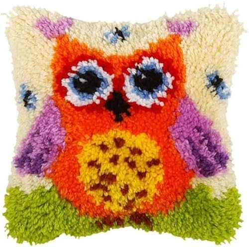 ROCKY&CHAO Knüpfteppich Zum Selber Knüpf-Sets mit Kissen knüpfen-Set 43x43cm Kissenbezug-Set für Latch Hook Kit Heimaccessoire（Rote Eule） von ROCKY&CHAO