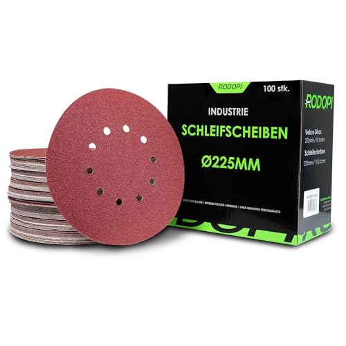 RODOPI Klett Schleifpapier 225mm RedDevil Schleifscheiben für Trockenbauschleifer K40-320 Exzenterschleifer 10 Loch Klettscheibe Zirkonium Korund - 50 Stück K180 von RODOPI